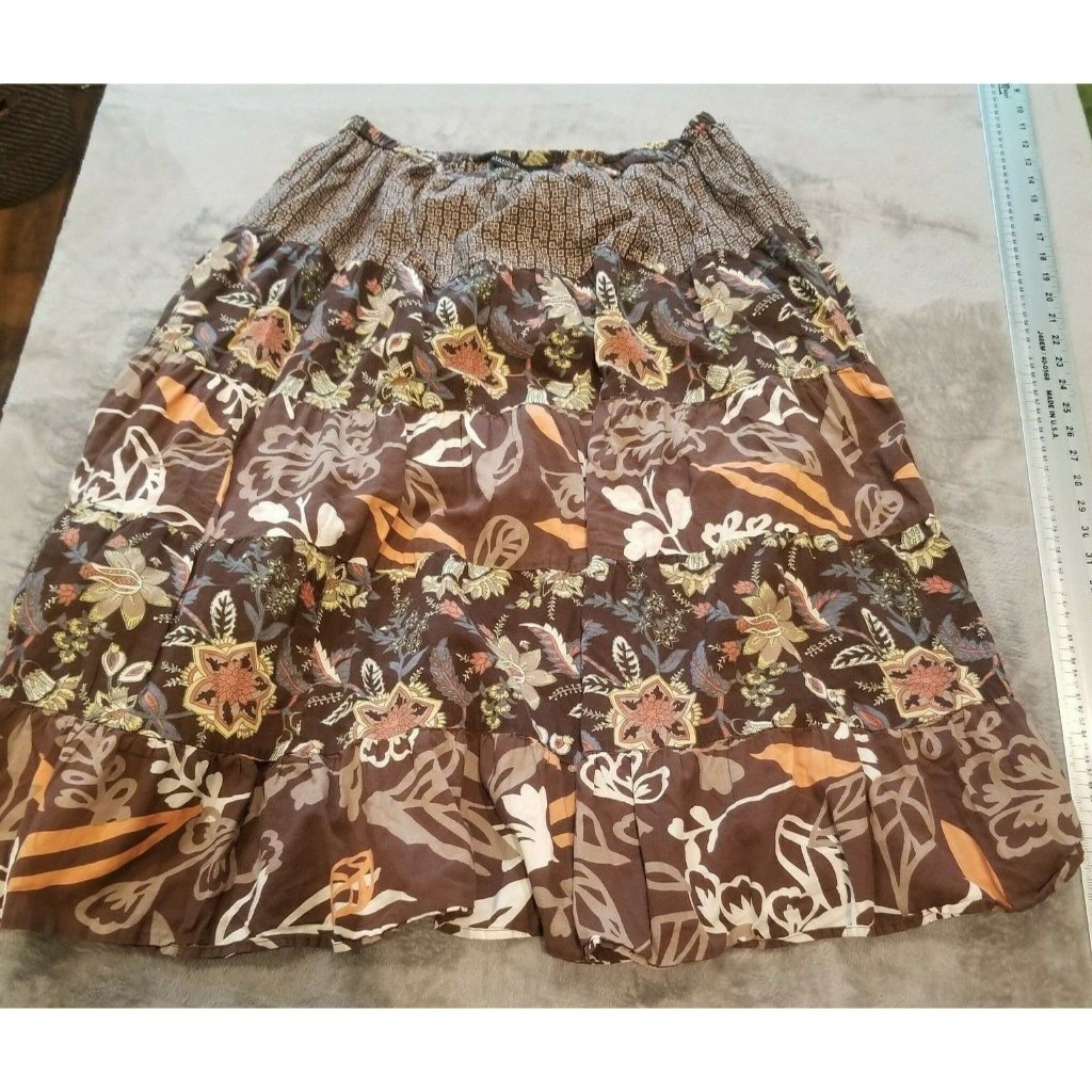 Notations Womens Mixed Floral Tiered A-Line Midi Skirt Large Brown White Cotton